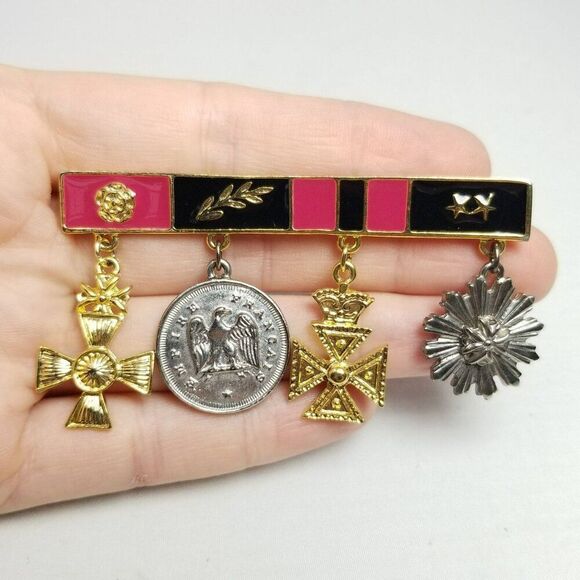 Vintage Miniature Medals Enamel Brooch, Gold Tone Silver Tone Charms, Estate - Picture 1 of 6